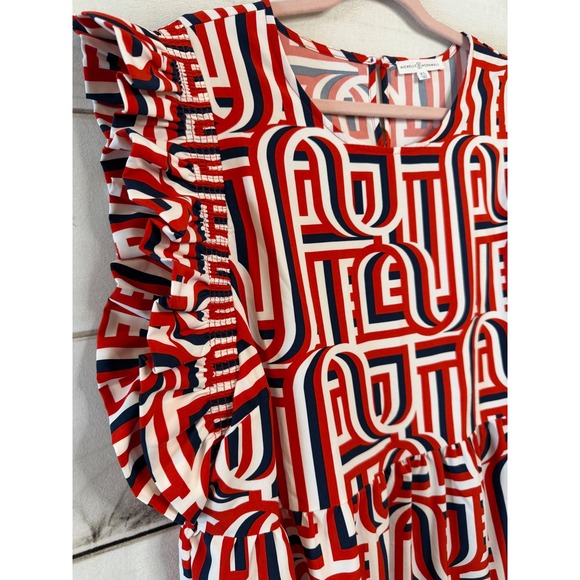 Michelle McDowell XL Red White Blue Geometric Ruffle Sleeve Tiered Mini Dress - Picture 2 of 5